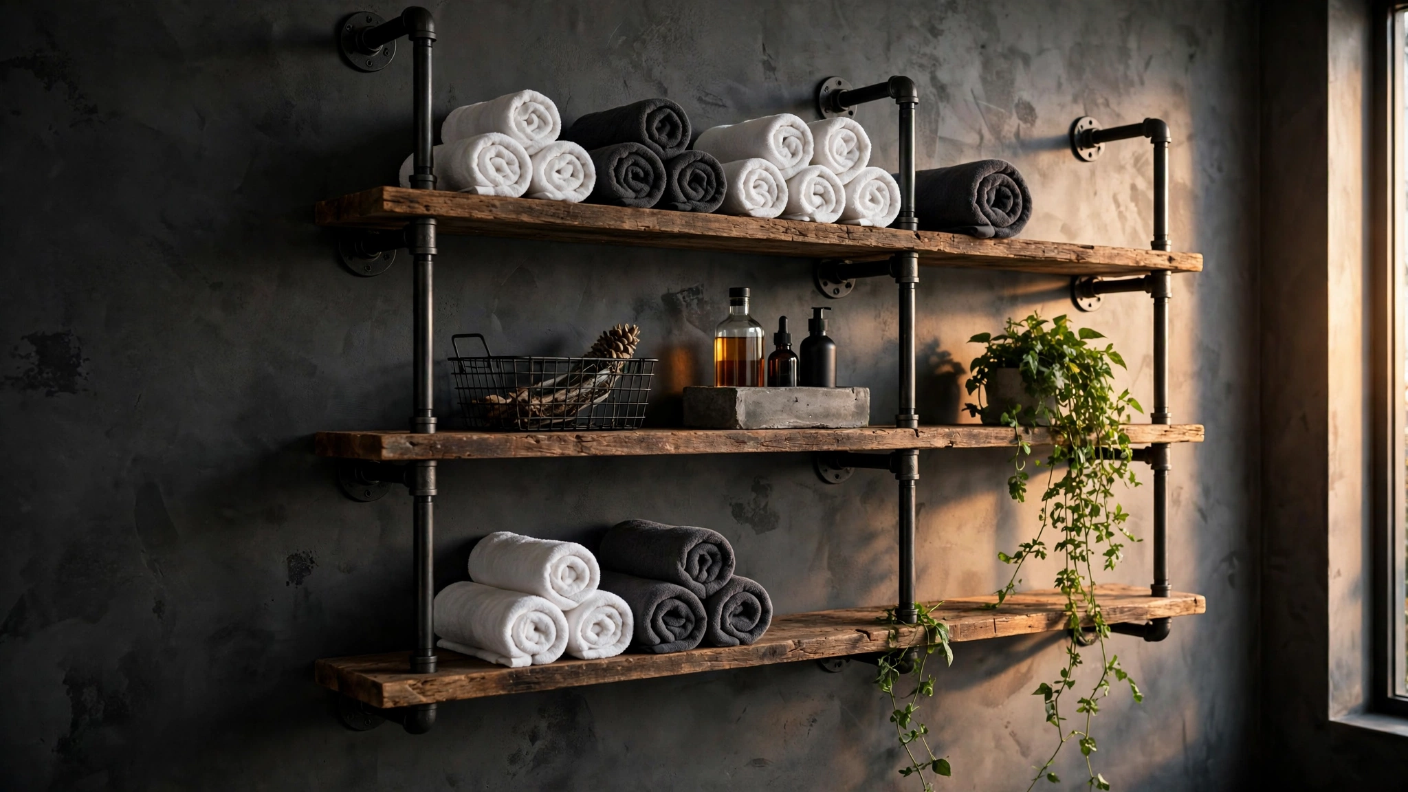 Black iron pipe shelving with reclaimed wood planks holding towels and plants in a bathroom