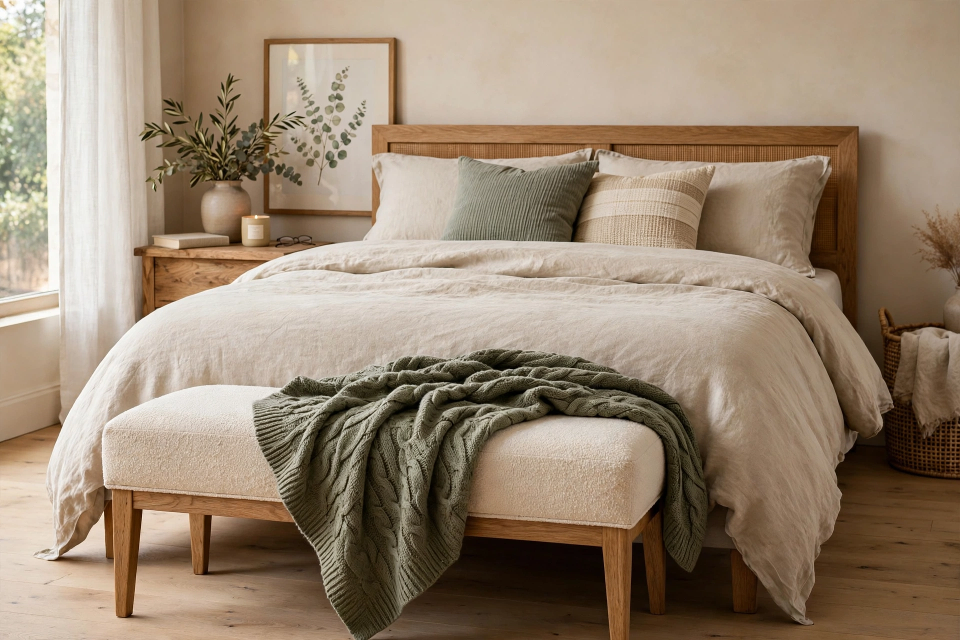 Throw blanket draped over an upholstered bench at the foot of a bed