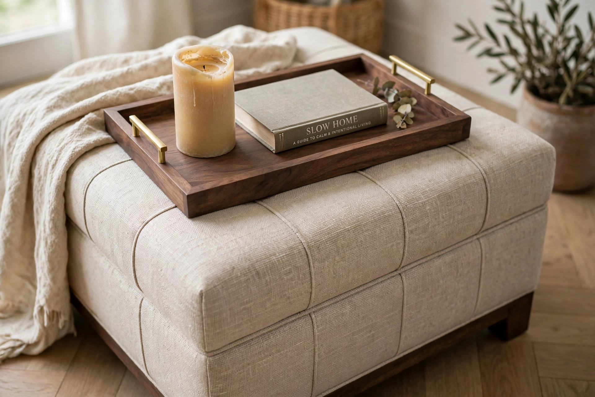Rigid tray with candle and book on top of a storage ottoman