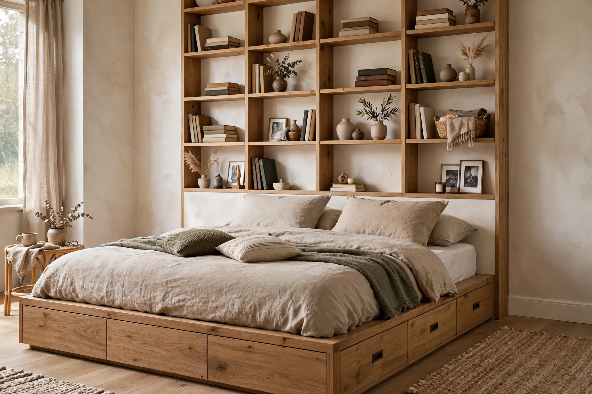 Low storage bed with tall wall shelving mounted above the headboard