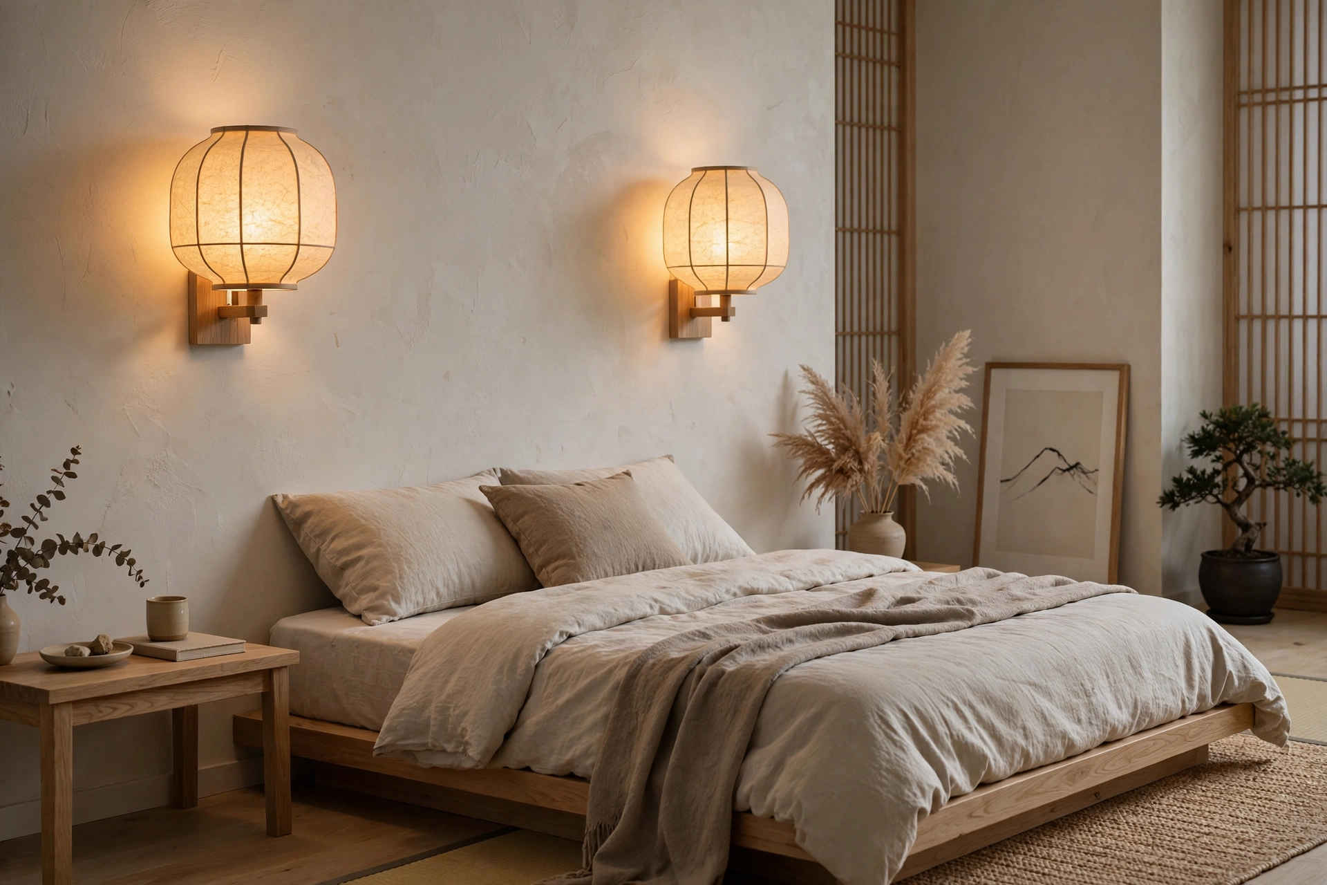 Paper shade wall sconces diffusing warm light in a Japandi bedroom