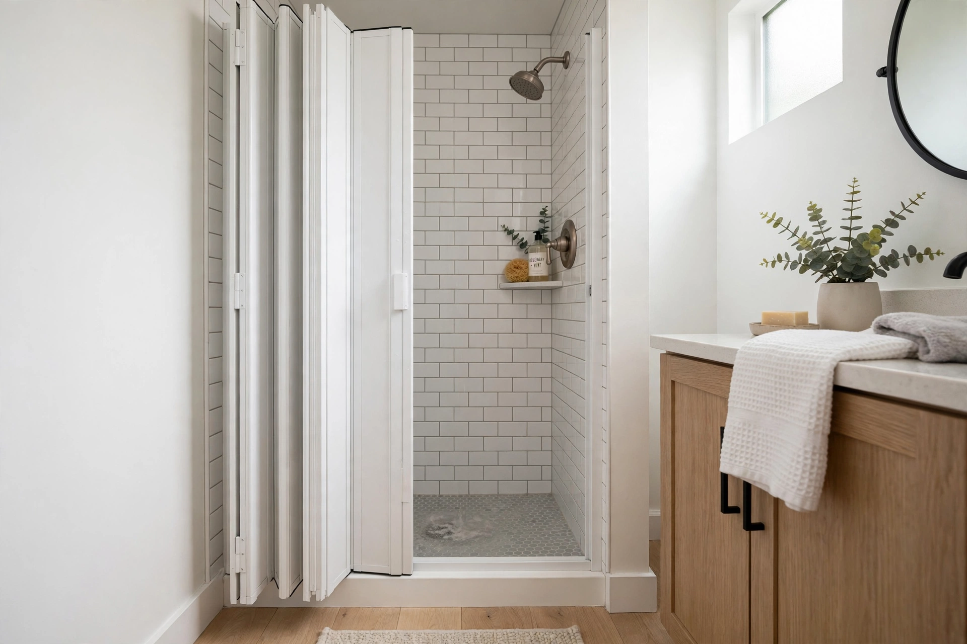 Bi fold accordion shower door folded open in a compact alcove