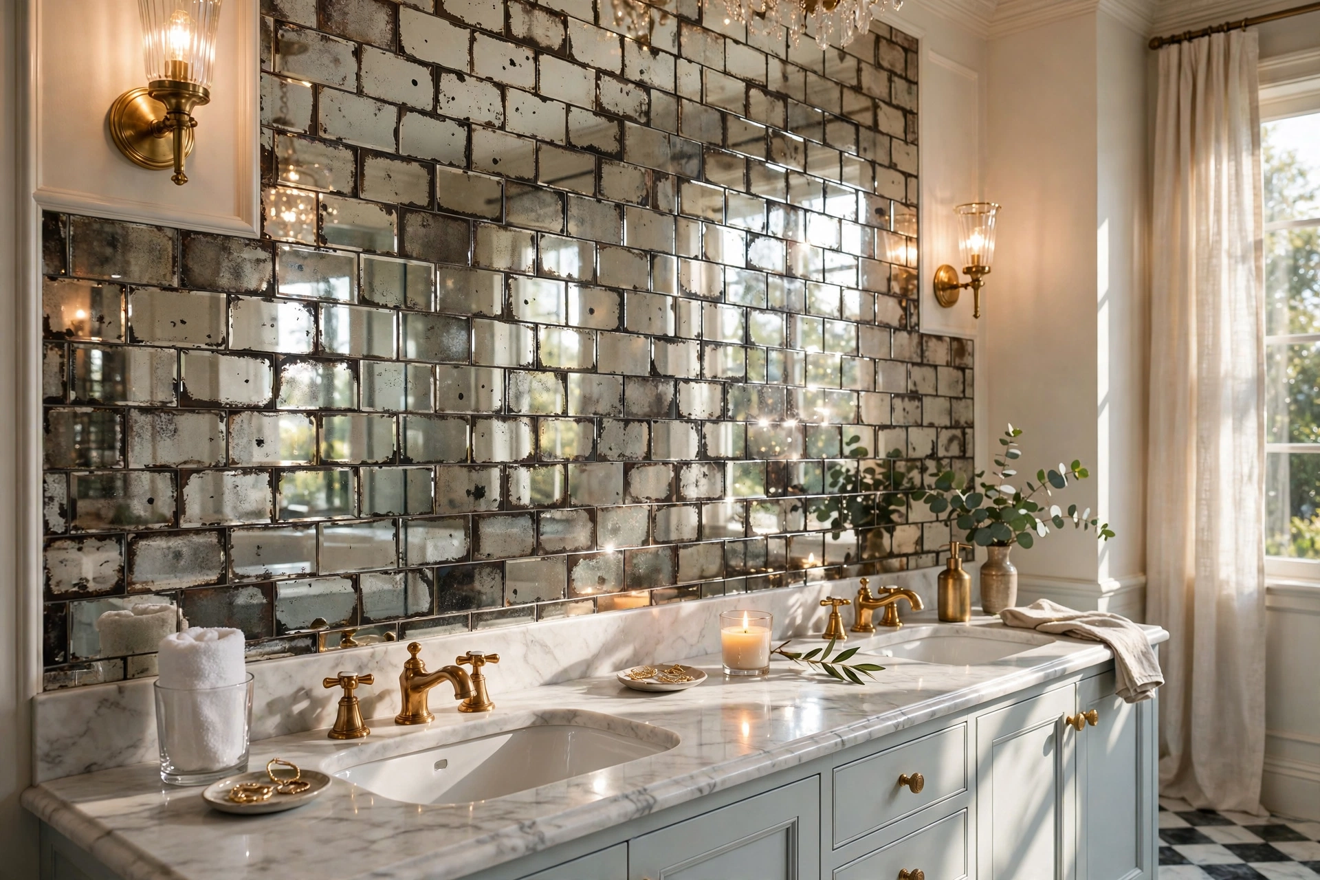 Antiqued mirror tile backsplash reflecting light in a glamorous bathroom