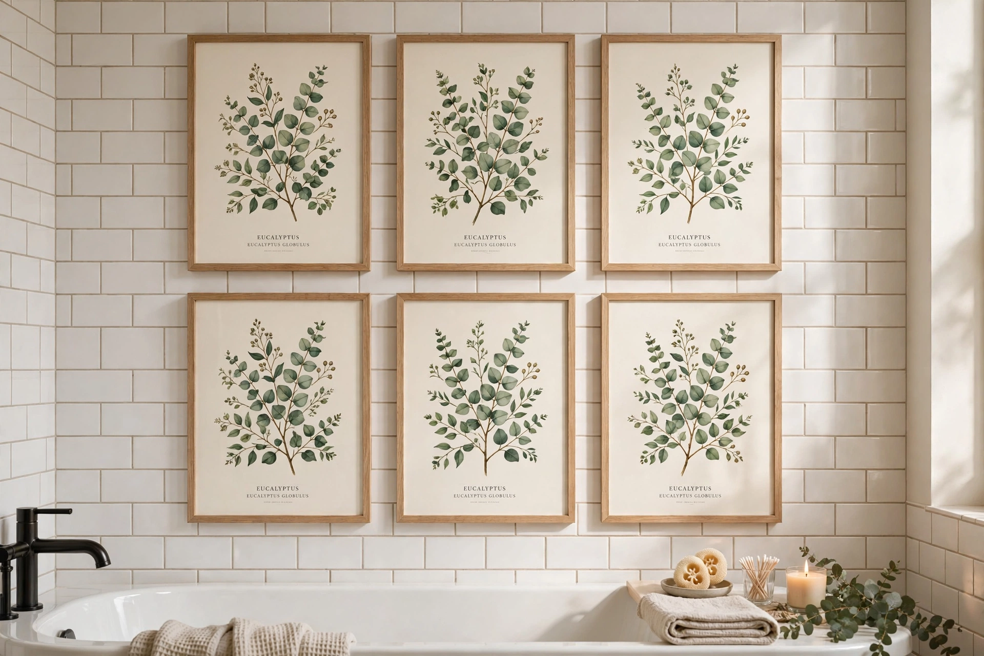 Grid of six matching botanical prints in identical frames on a bath wall