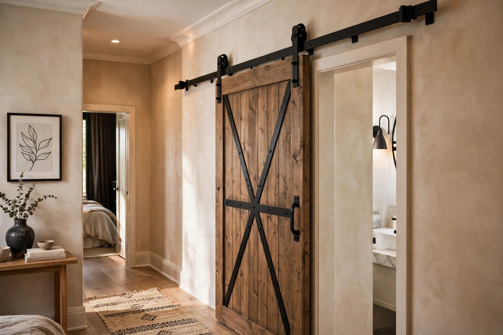 Barn style sliding bathroom door with black rail hardware in a hallway