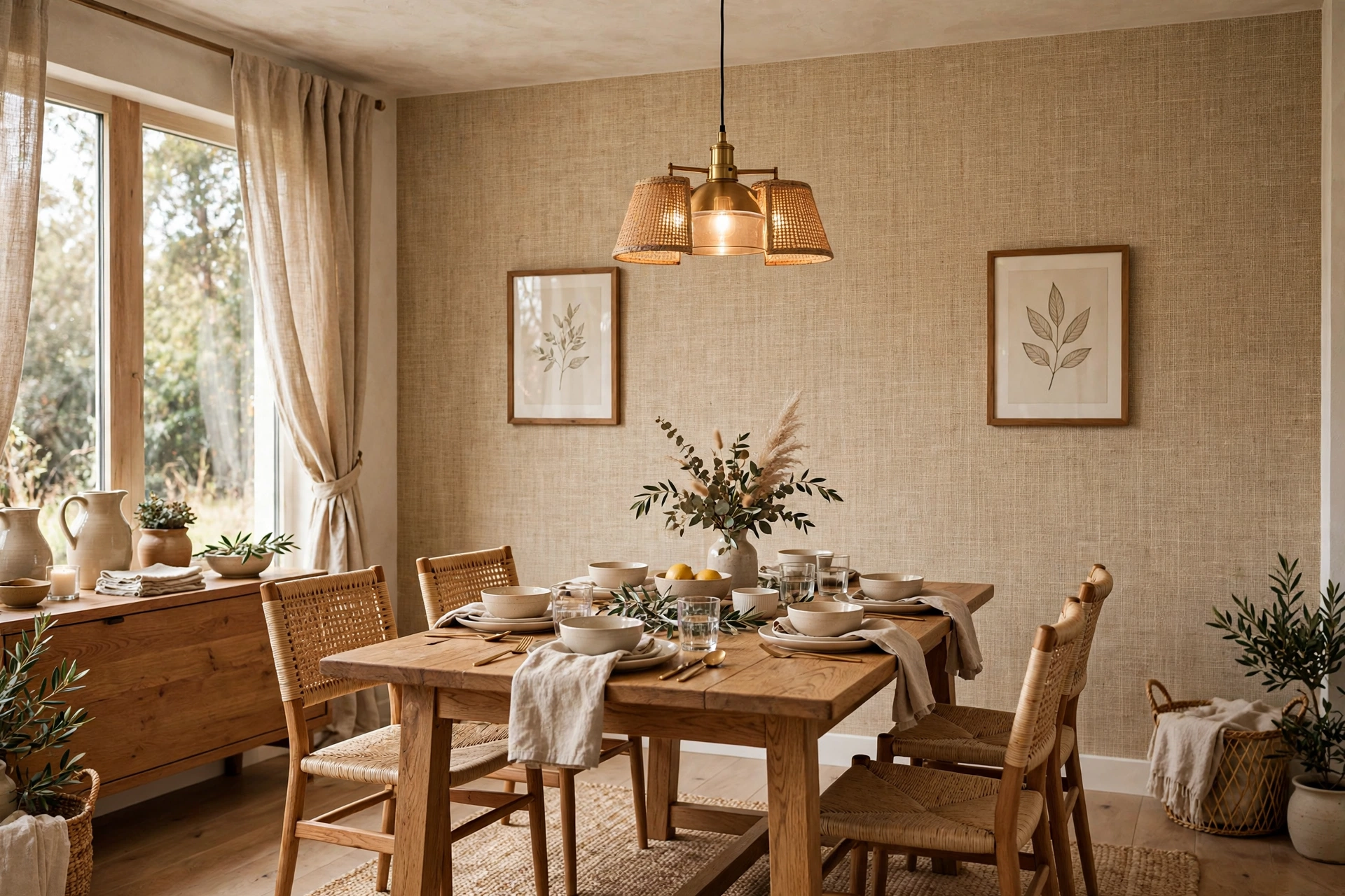 Natural grasscloth wallpaper accent wall in a warm dining room