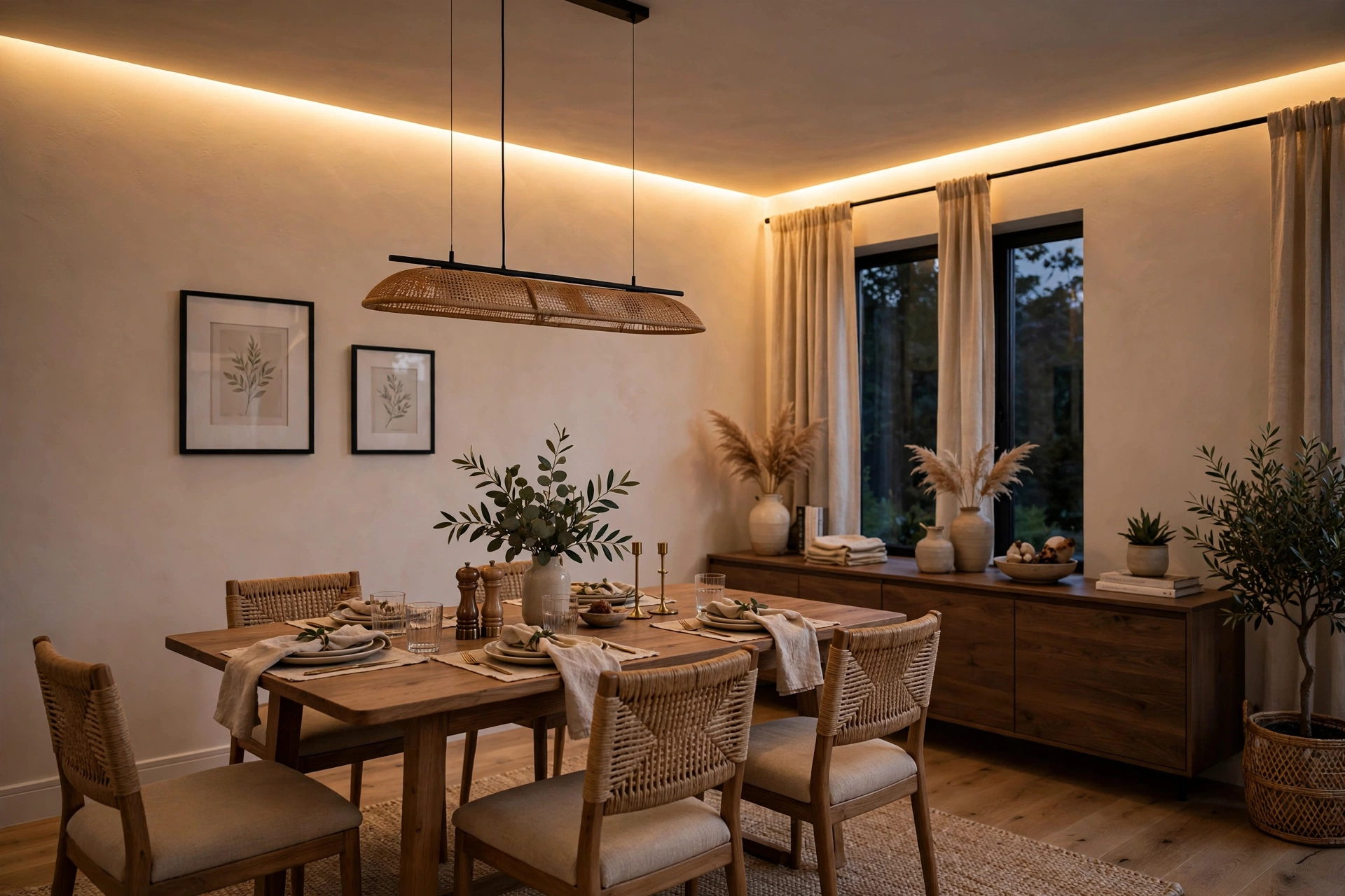 Dining room glowing with hidden cove lighting along the ceiling edge