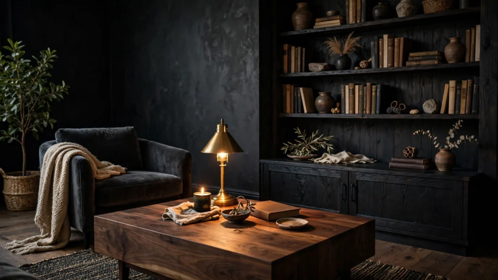 Walnut coffee table and dark wood furniture glowing in lamplight in a moody living room