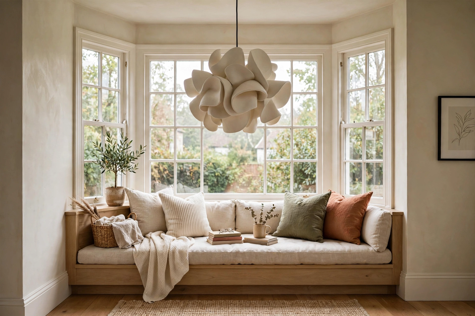 Sculptural pendant light hanging low over a bay window nook