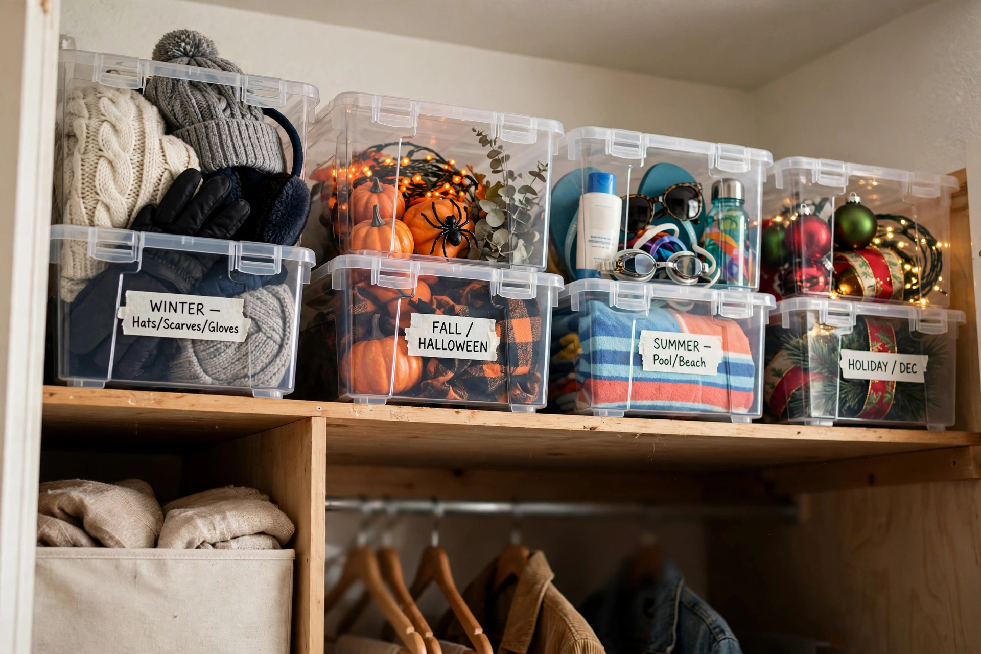 Clear stackable bins of seasonal gear on a high closet shelf