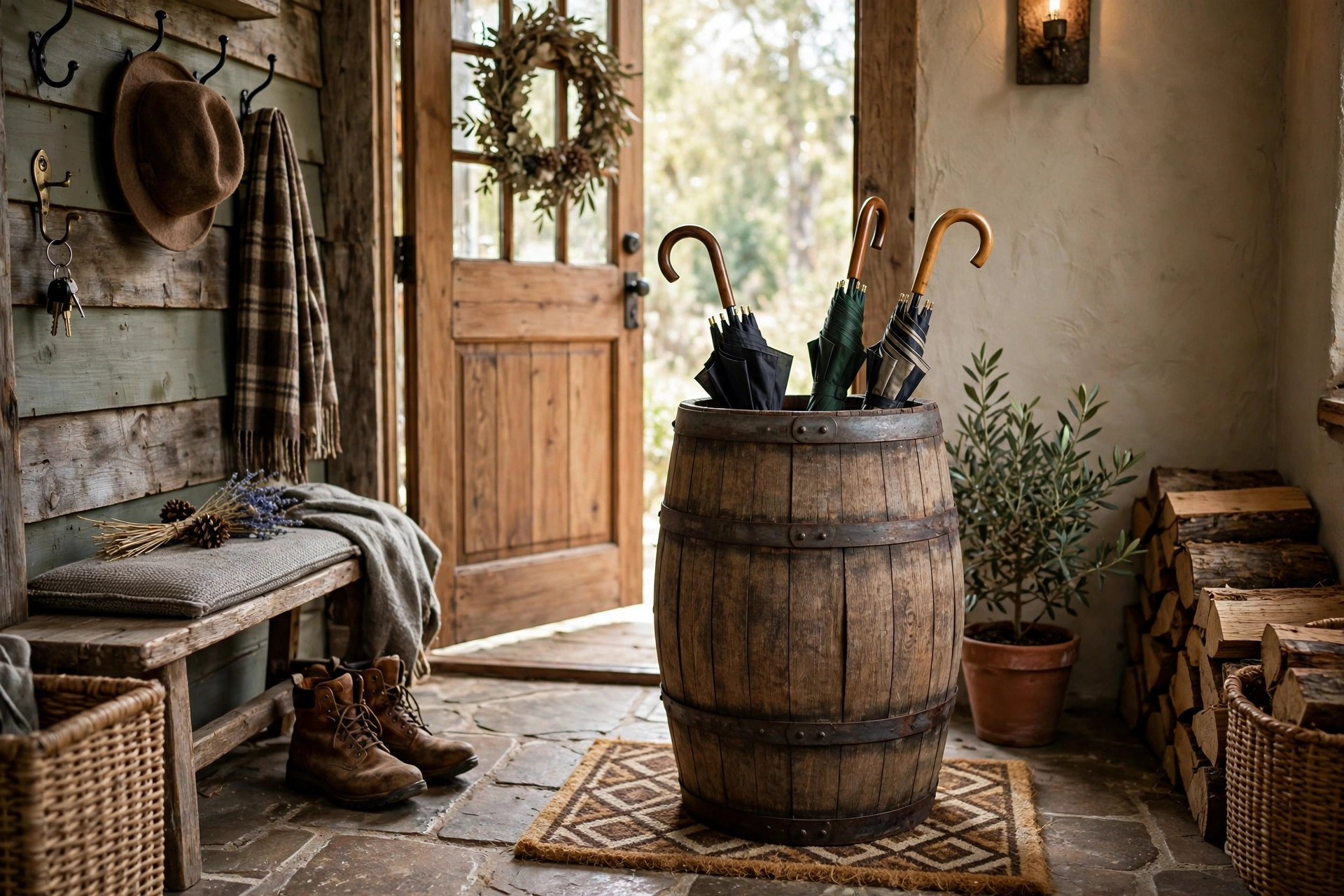 Wooden barrel style umbrella stand with metal hoops in a rustic entry