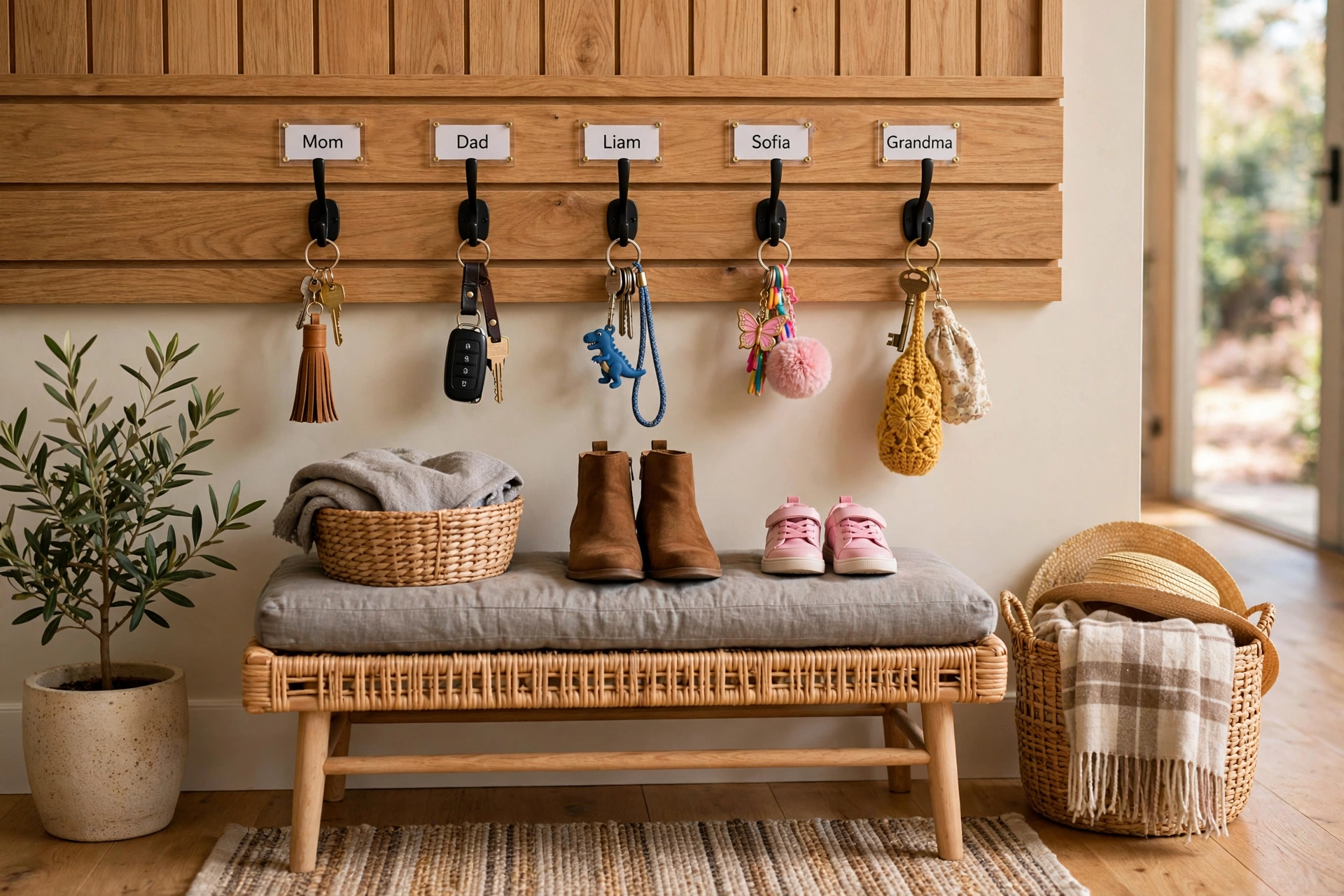 Row of labeled hooks assigning one key spot per family member