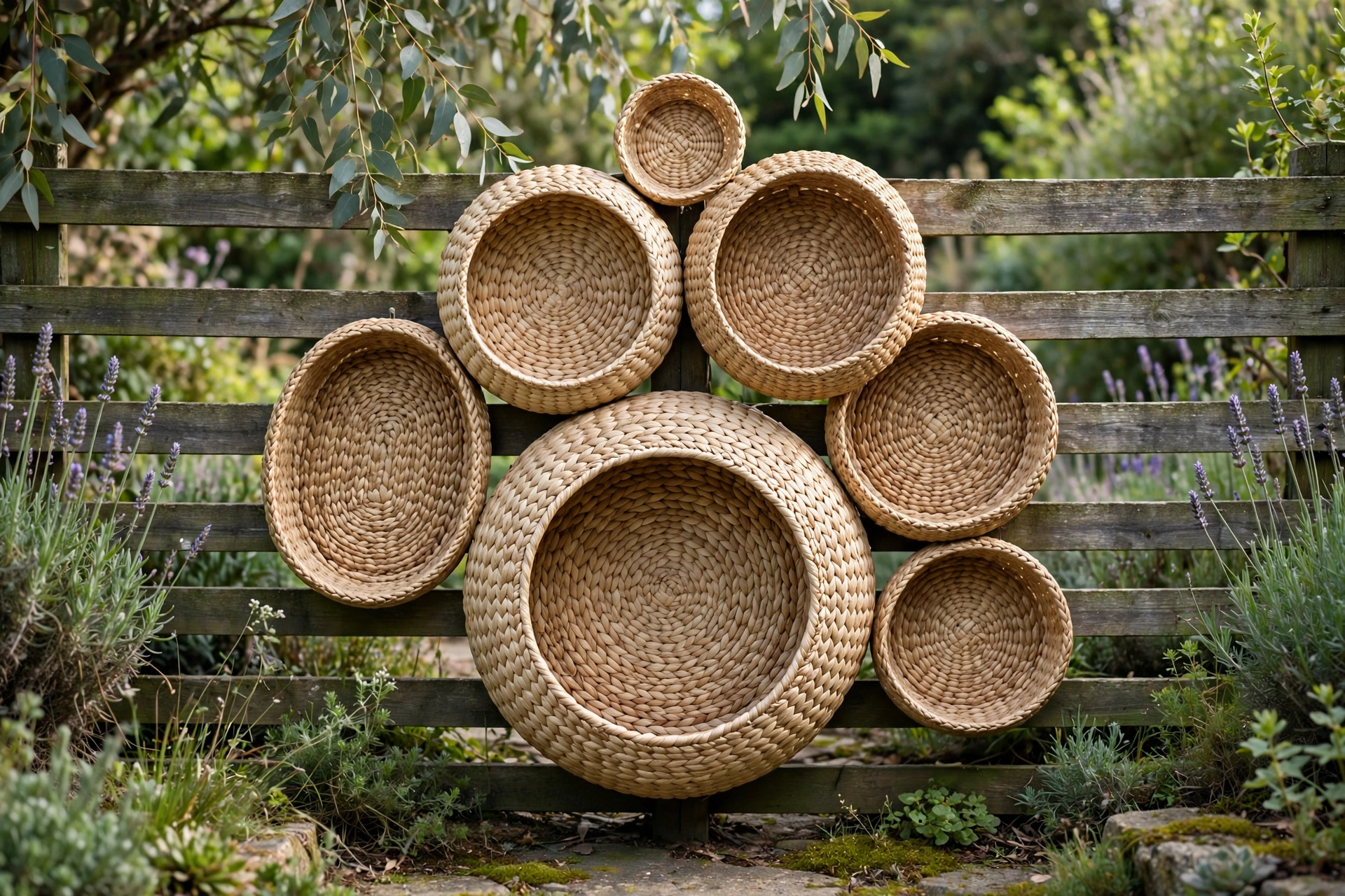 Cluster of woven seagrass baskets arranged as wall art on a fence