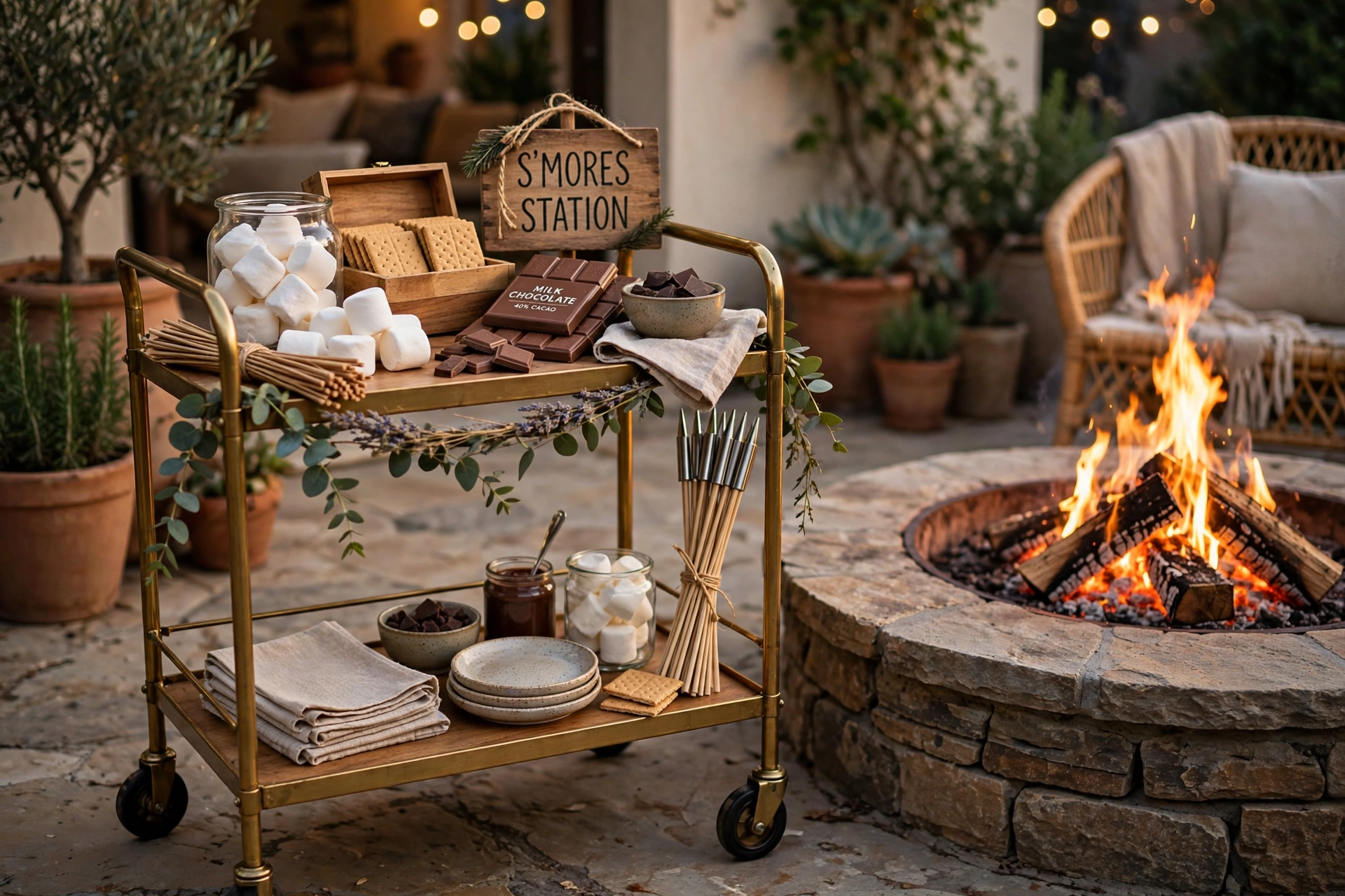 Rolling cart with s'mores ingredients and roasting sticks by a fire pit