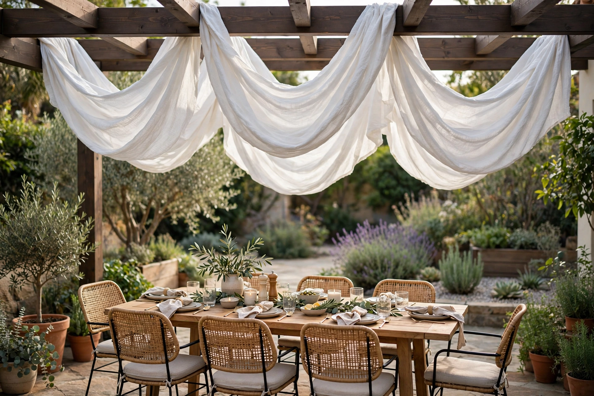Fabric canopy swagged overhead between pergola beams over a dining set