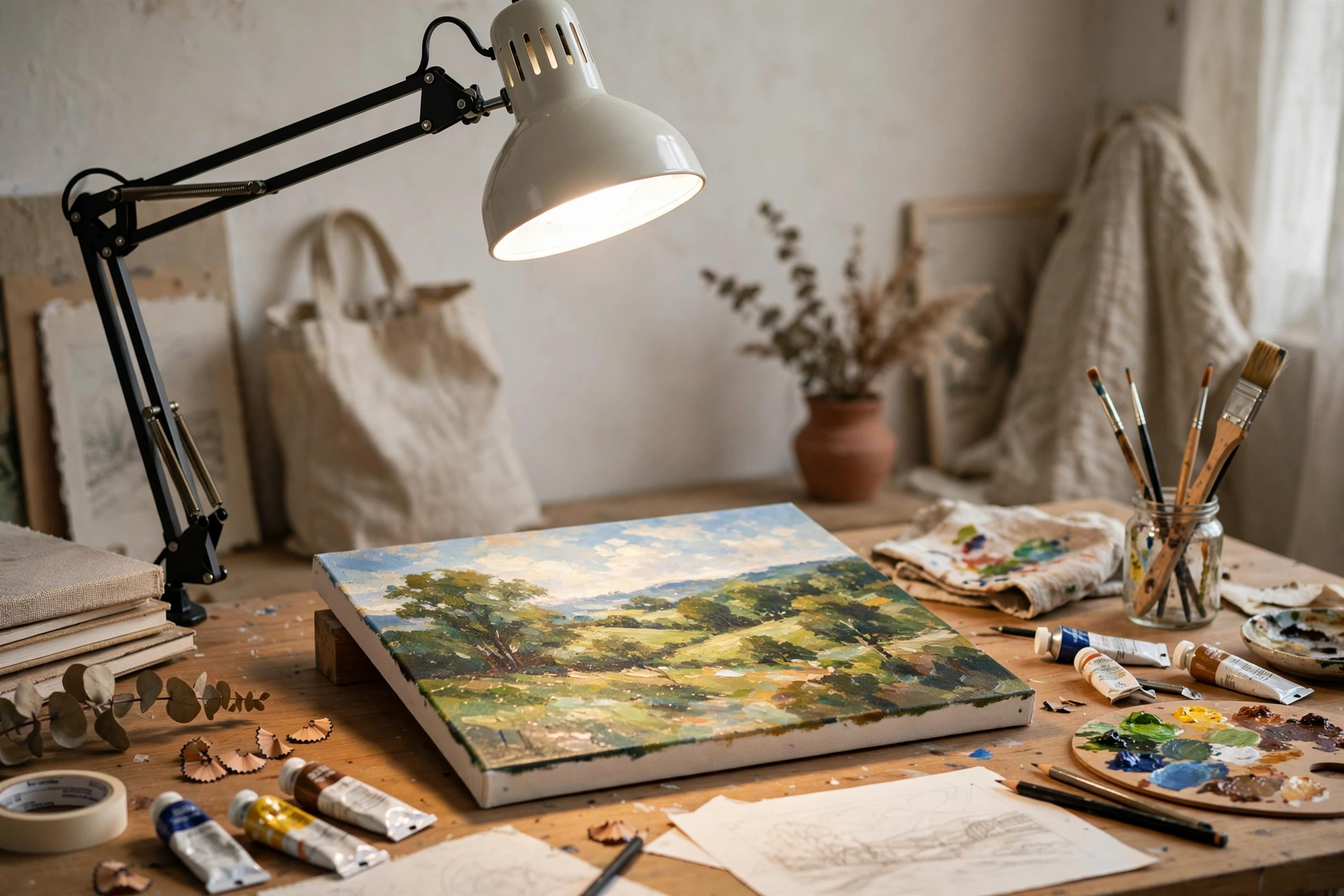 Adjustable daylight task lamp illuminating a painting work surface