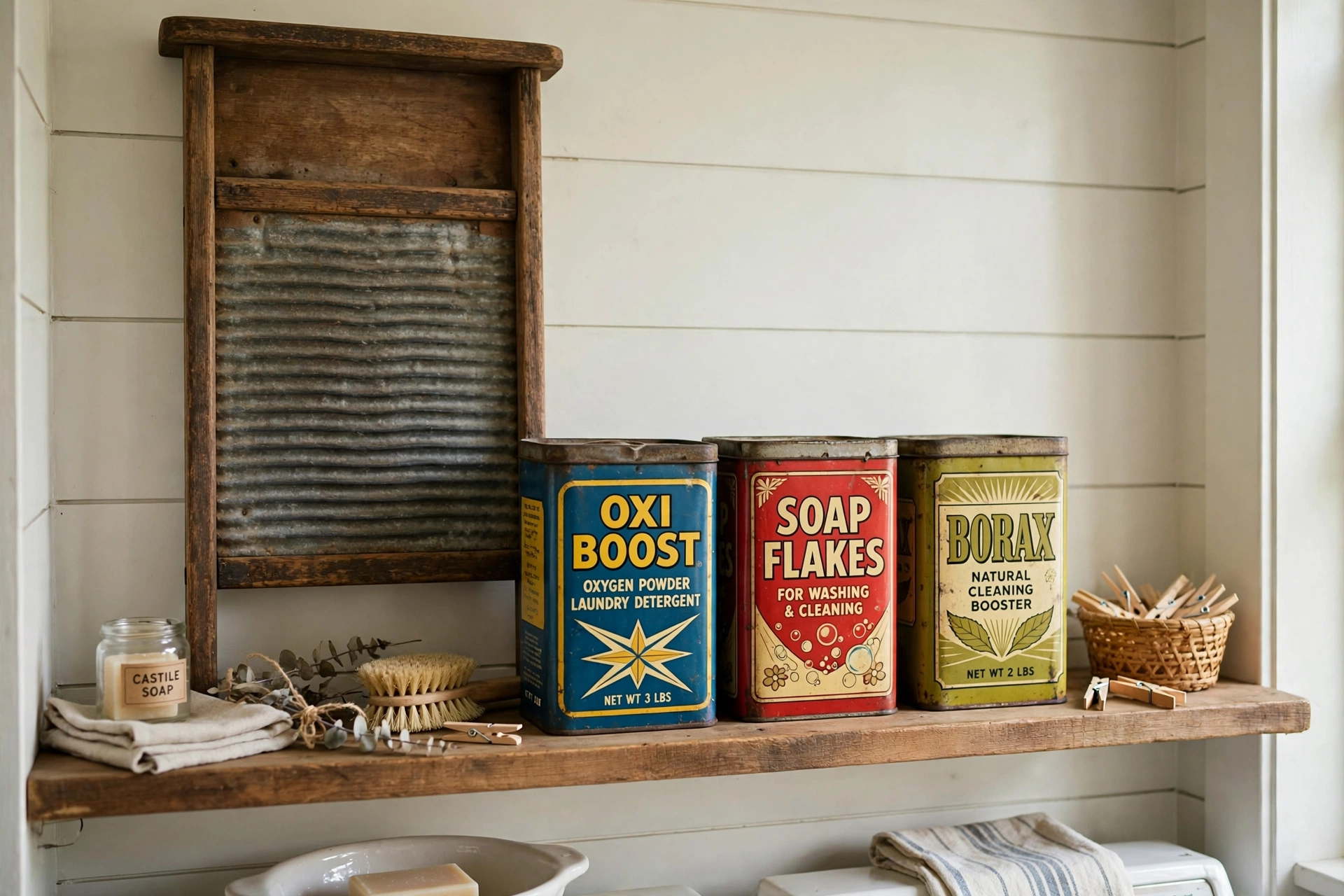 Vintage washboard and retro detergent tins styled on a laundry shelf
