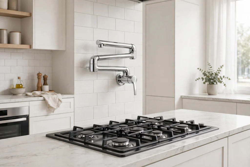Single-lever cold-water pot filler with streamlined design over a gas cooktop