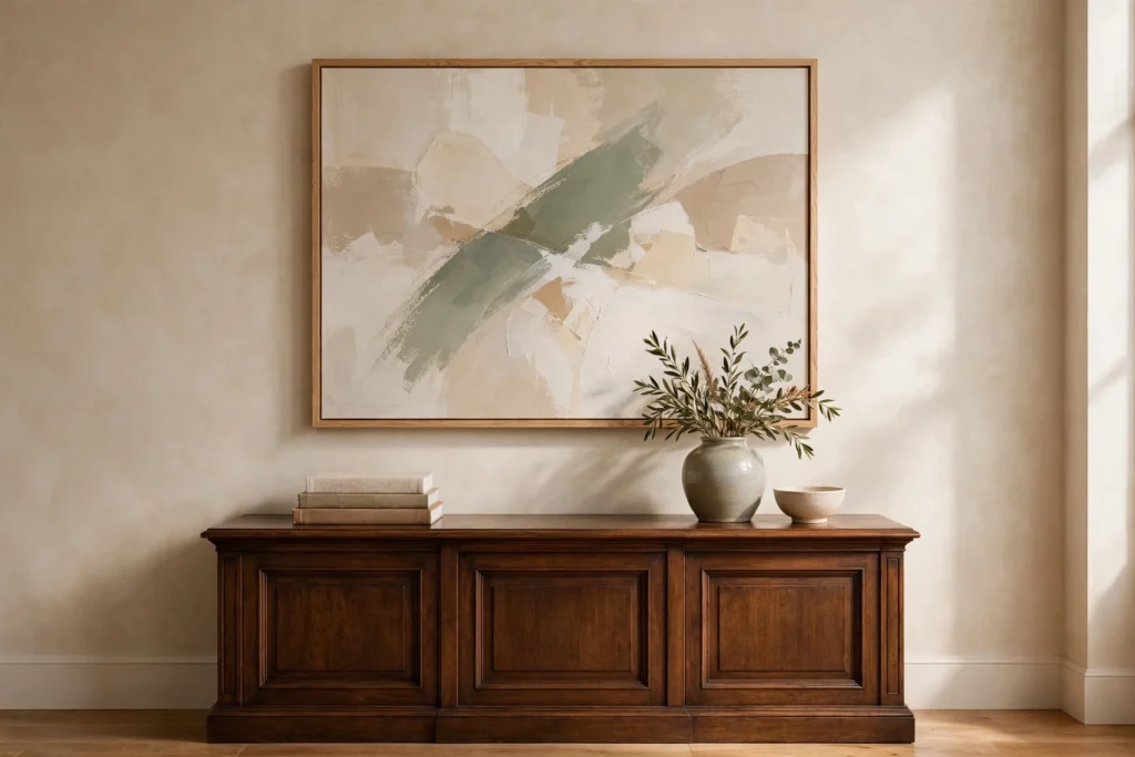 Large modern abstract painting in oak frame above a classic wood console table