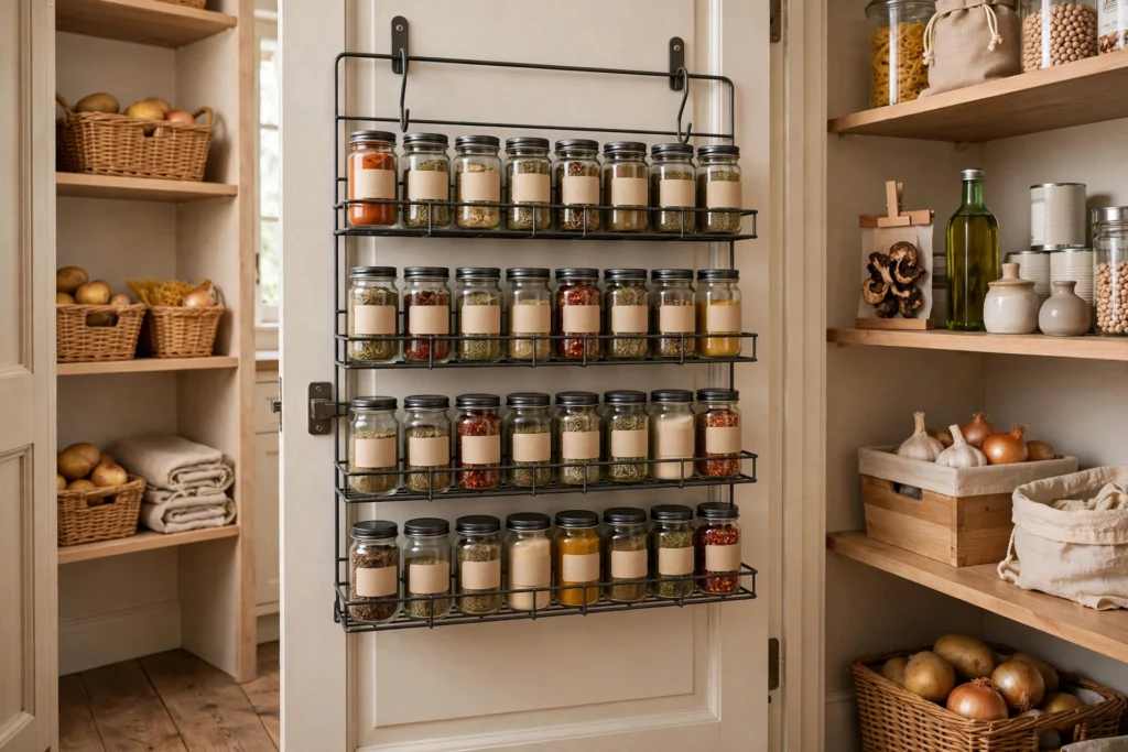 Over-the-door wire rack filled with labeled spice jars in a pantry