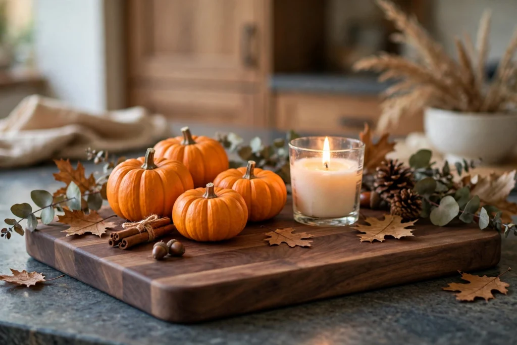 Walnut cutting board styled with mini pumpkins and a candle for fall decor