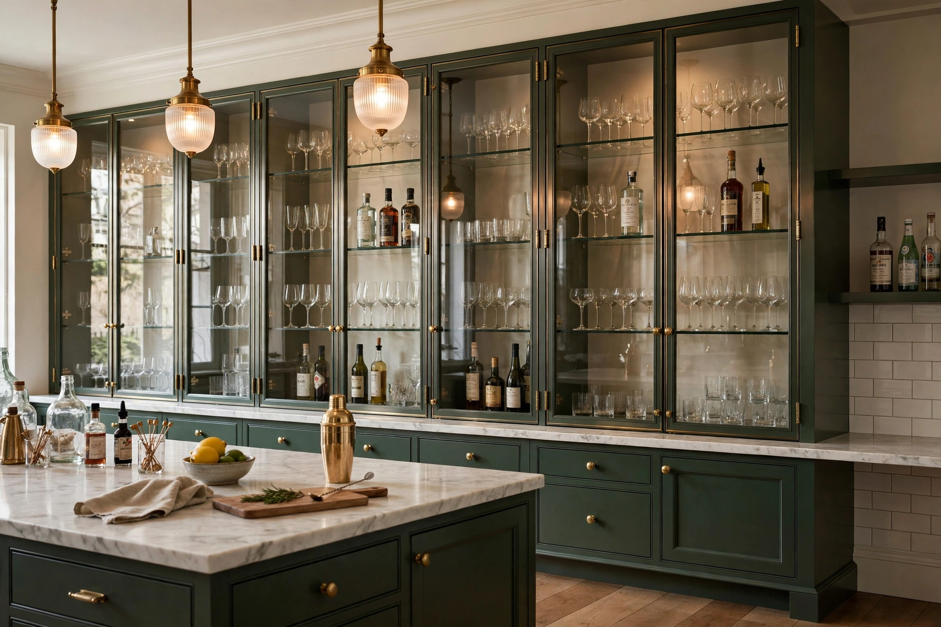 Glass-front cabinets in a butler's pantry showcasing glassware and bottles