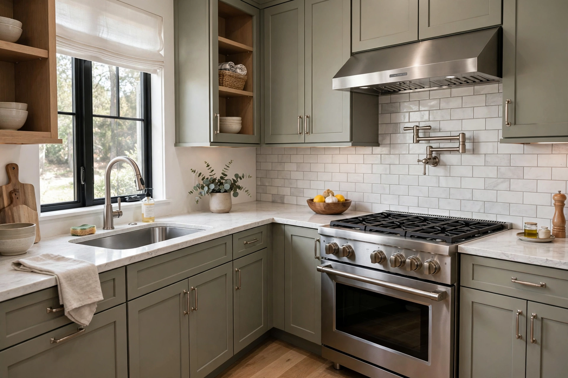 Coordinated faucet and pot filler in matching brushed nickel finishes