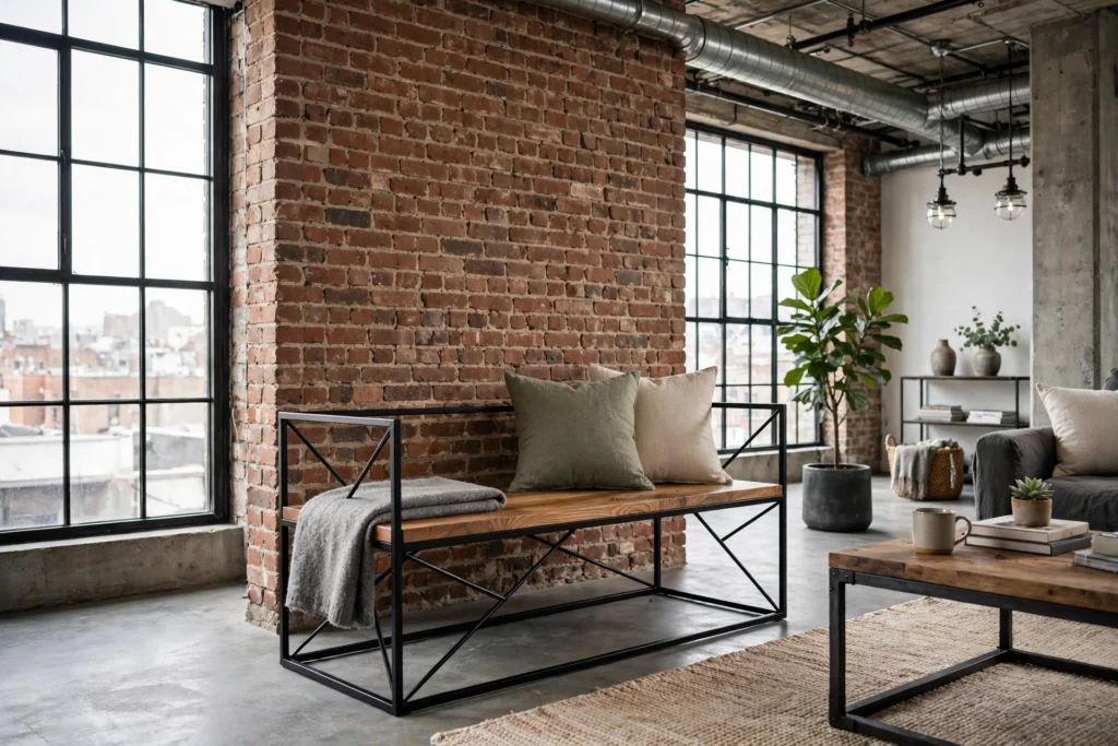 Black steel frame bench with wood seat in loft style living room