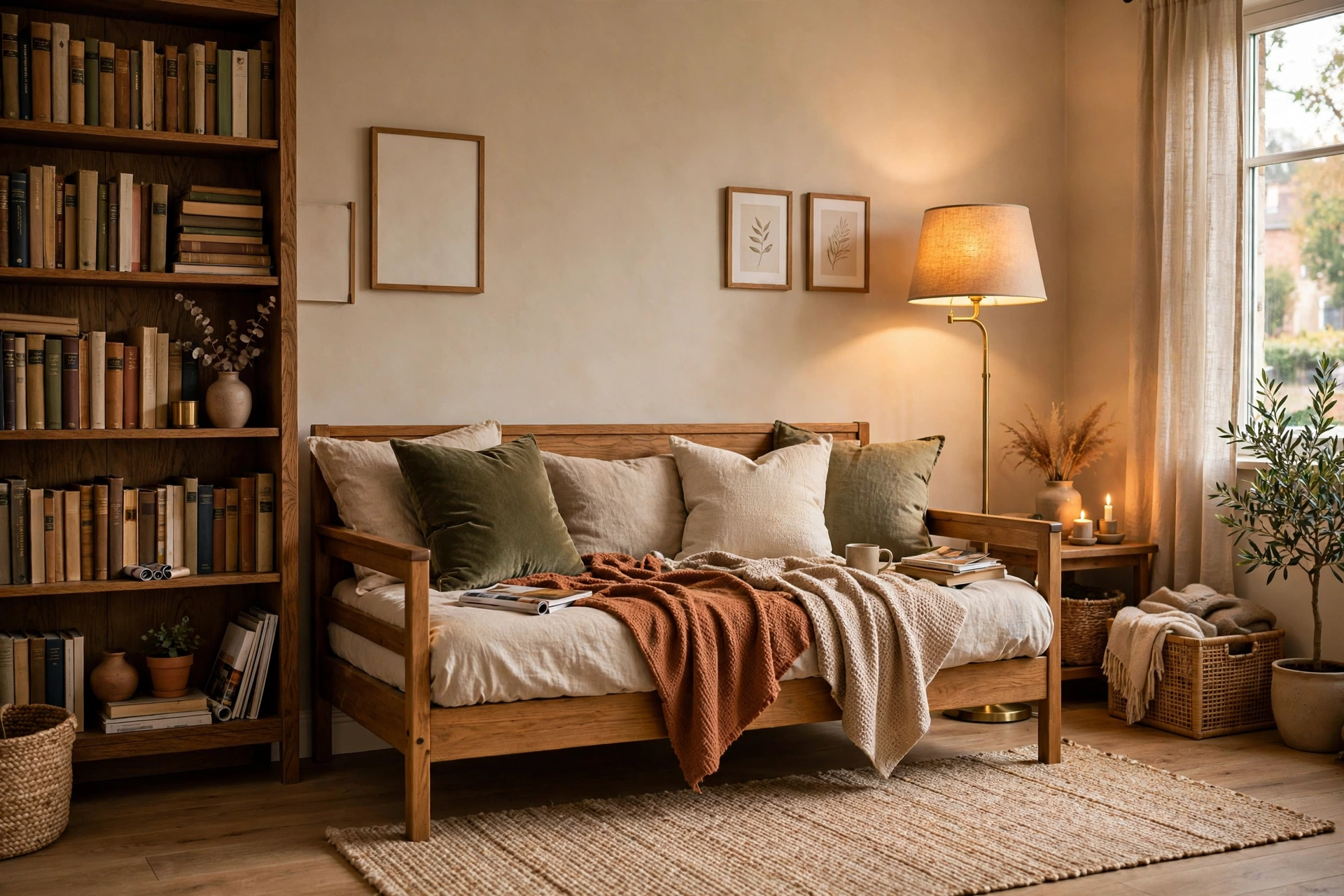 Daybed flanked by tall bookshelf with floor lamp reading corner