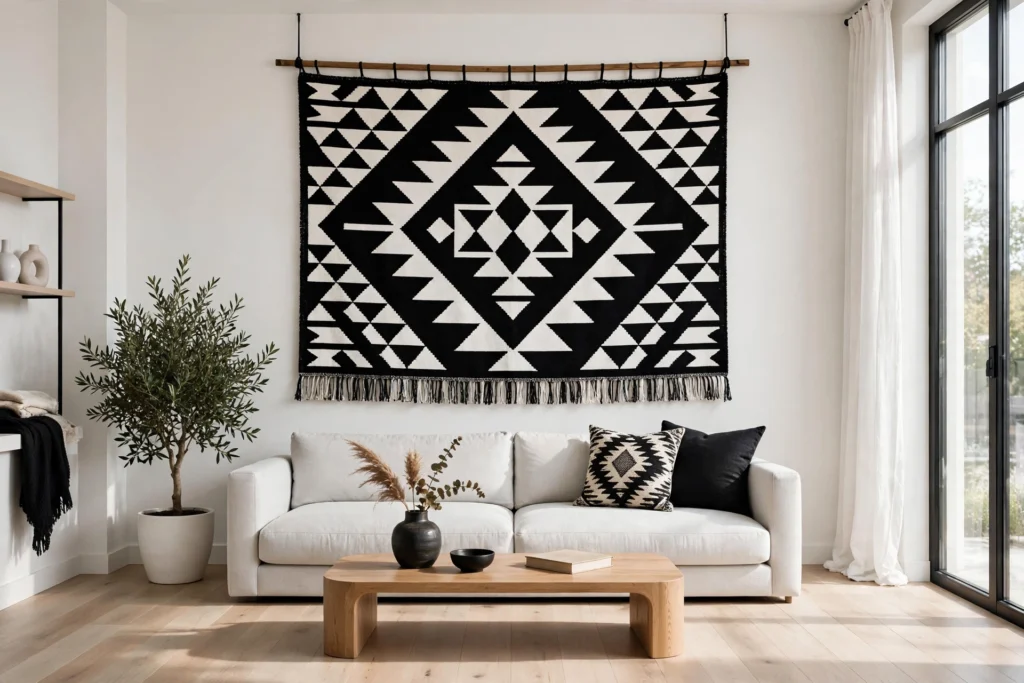 Bold black and white geometric tapestry in minimalist living room