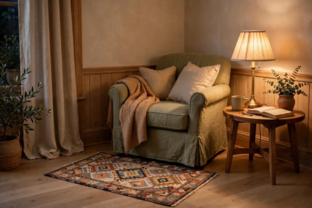 Small patterned rug defining a reading chair and side table bedroom corner
