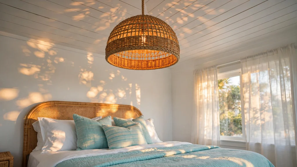 Woven rattan pendant light glowing above a bed in a coastal bedroom