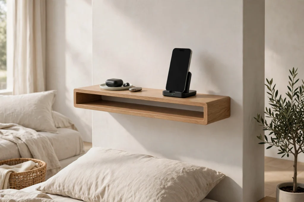 Floating shelf charging station with docked phone and hidden cable management
