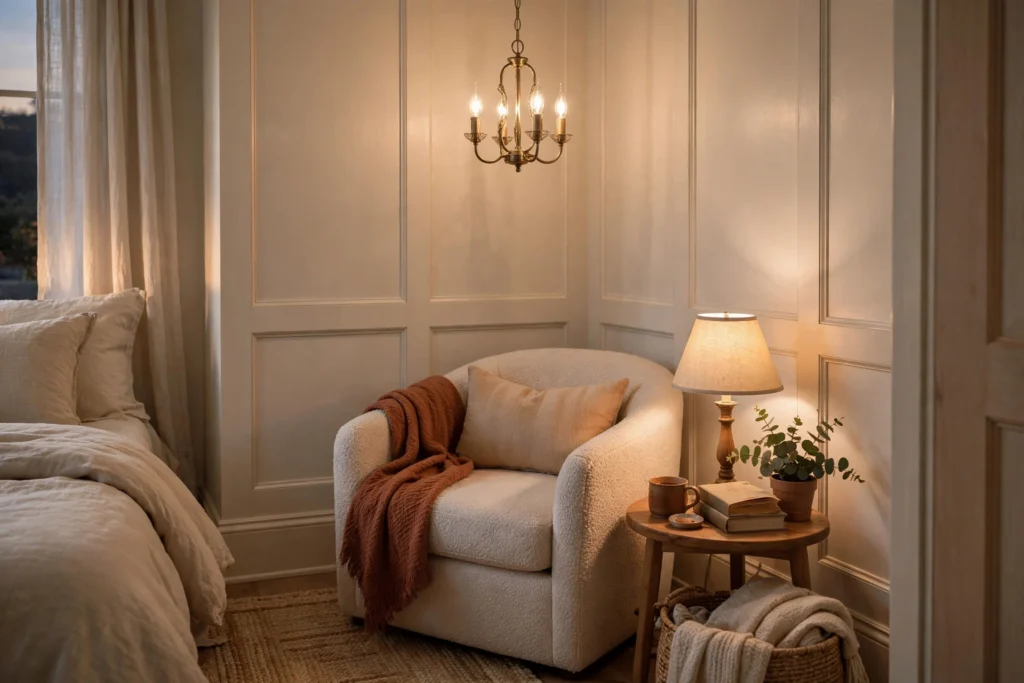 Small chandelier defining a bedroom reading nook with an armchair and lamp