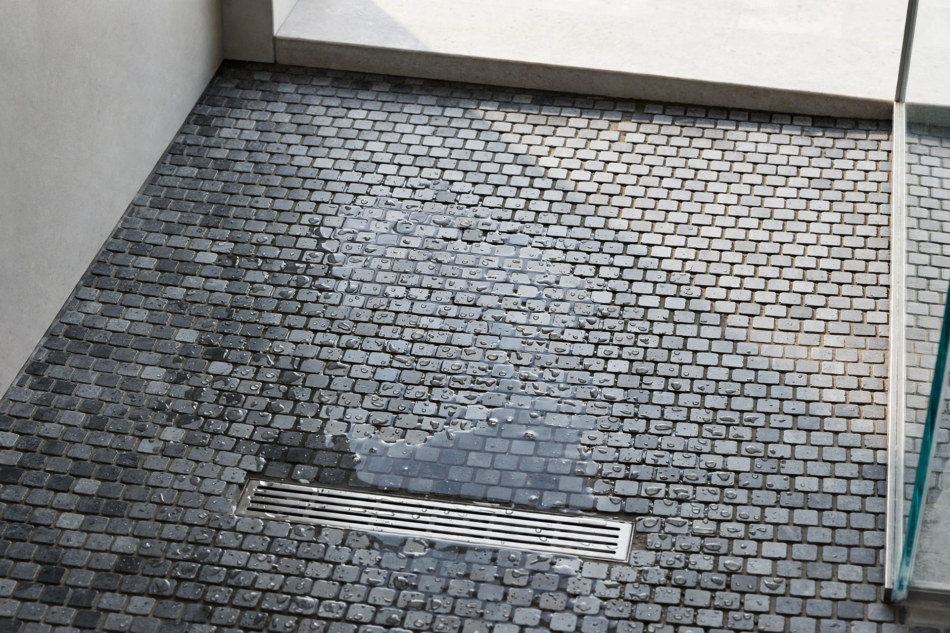 Walk-in shower floor with dark gray grout between small mosaic tiles