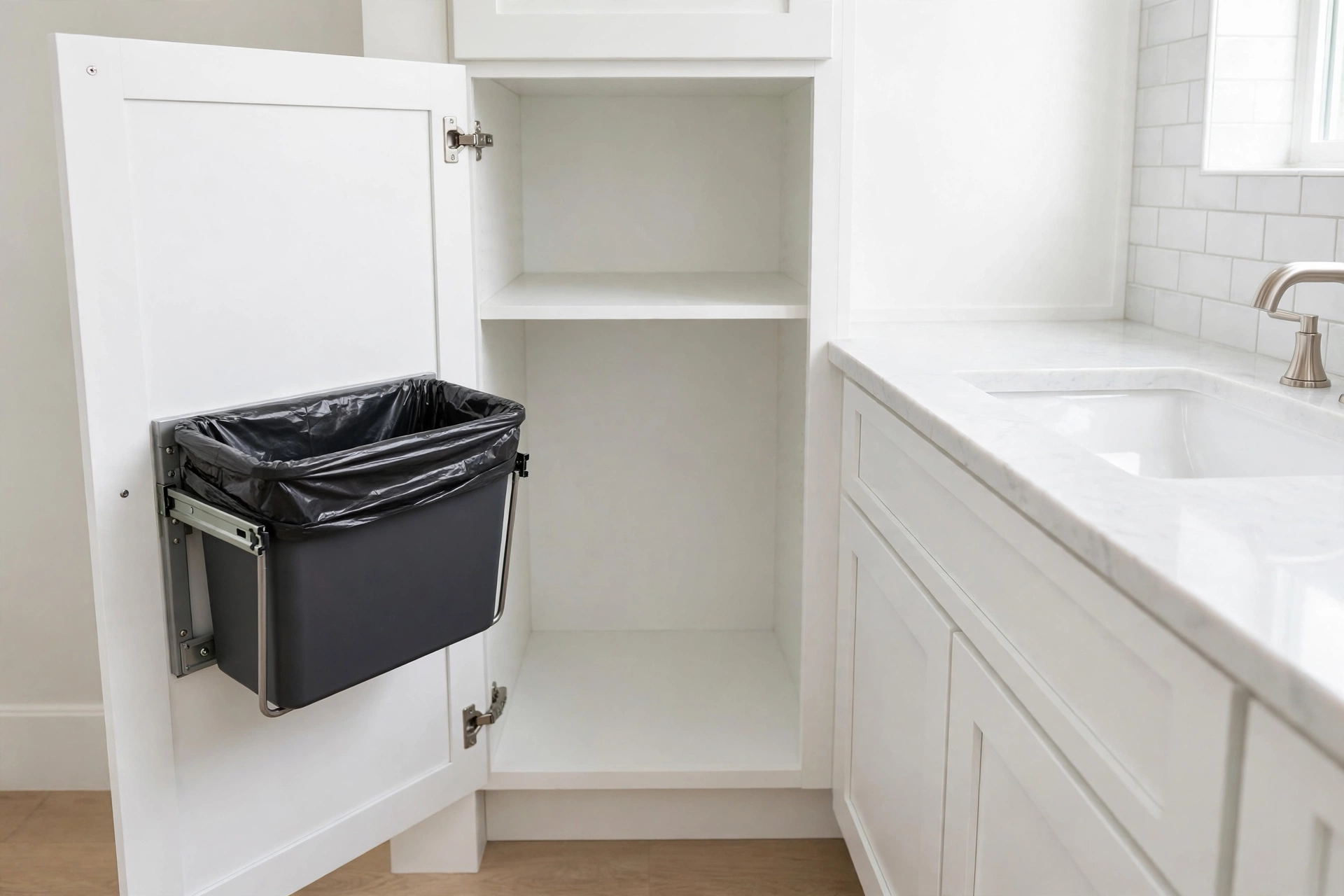 Hidden trash bin mounted inside a white bathroom vanity cabinet door