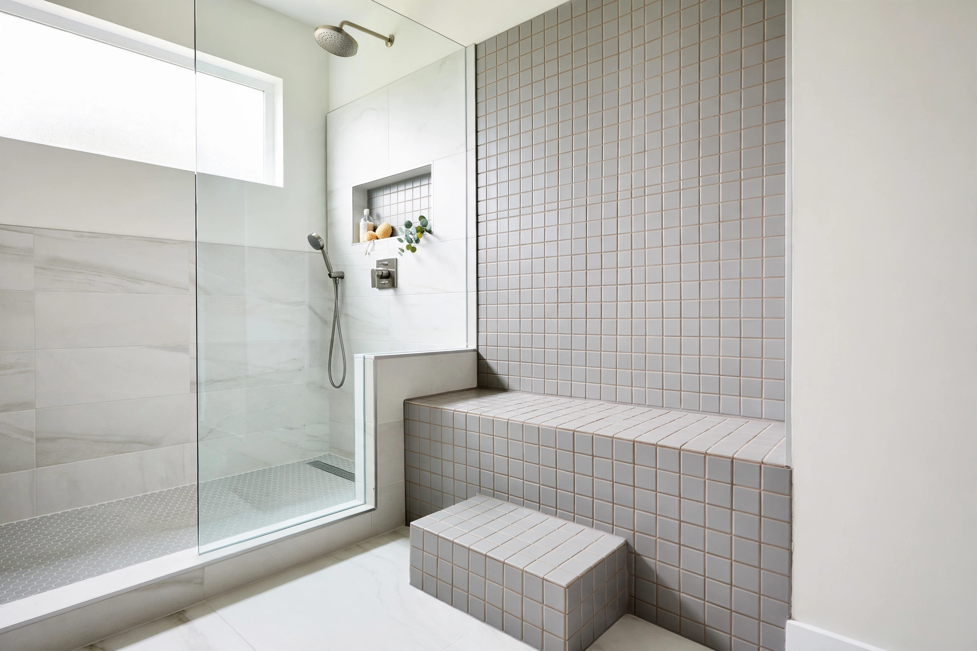 Tiered shower bench with low footrest ledge for leg shaving