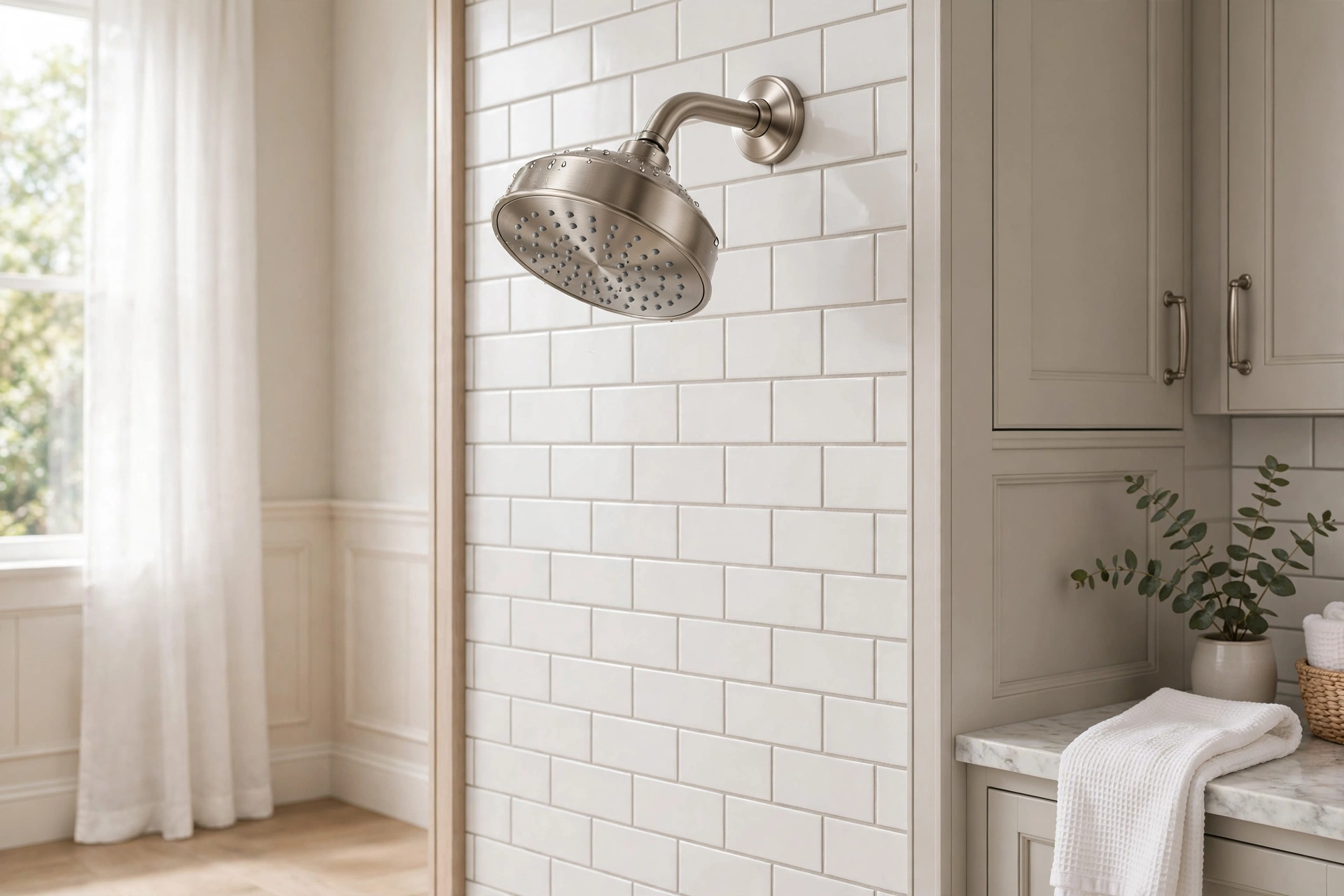 Brushed nickel shower head with a soft sheen in a transitional bathroom