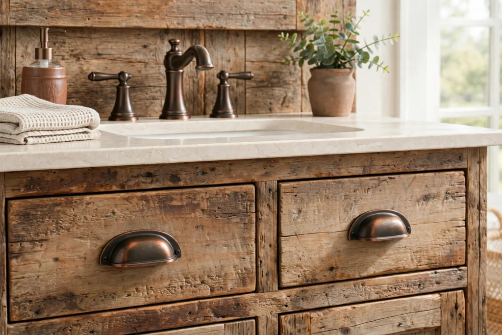 Oil-rubbed bronze pulls with coppery highlights on a rustic wood bathroom vanity