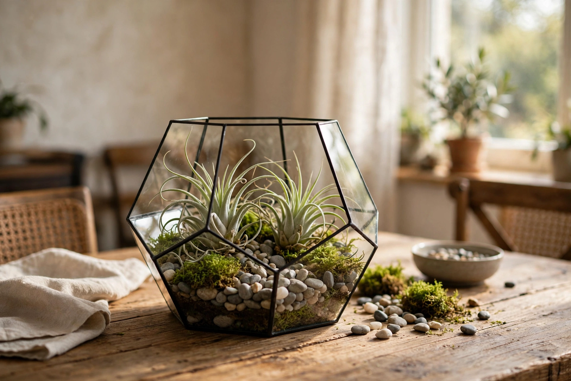 Open glass terrarium with air plants, pebbles, and moss on a dining table