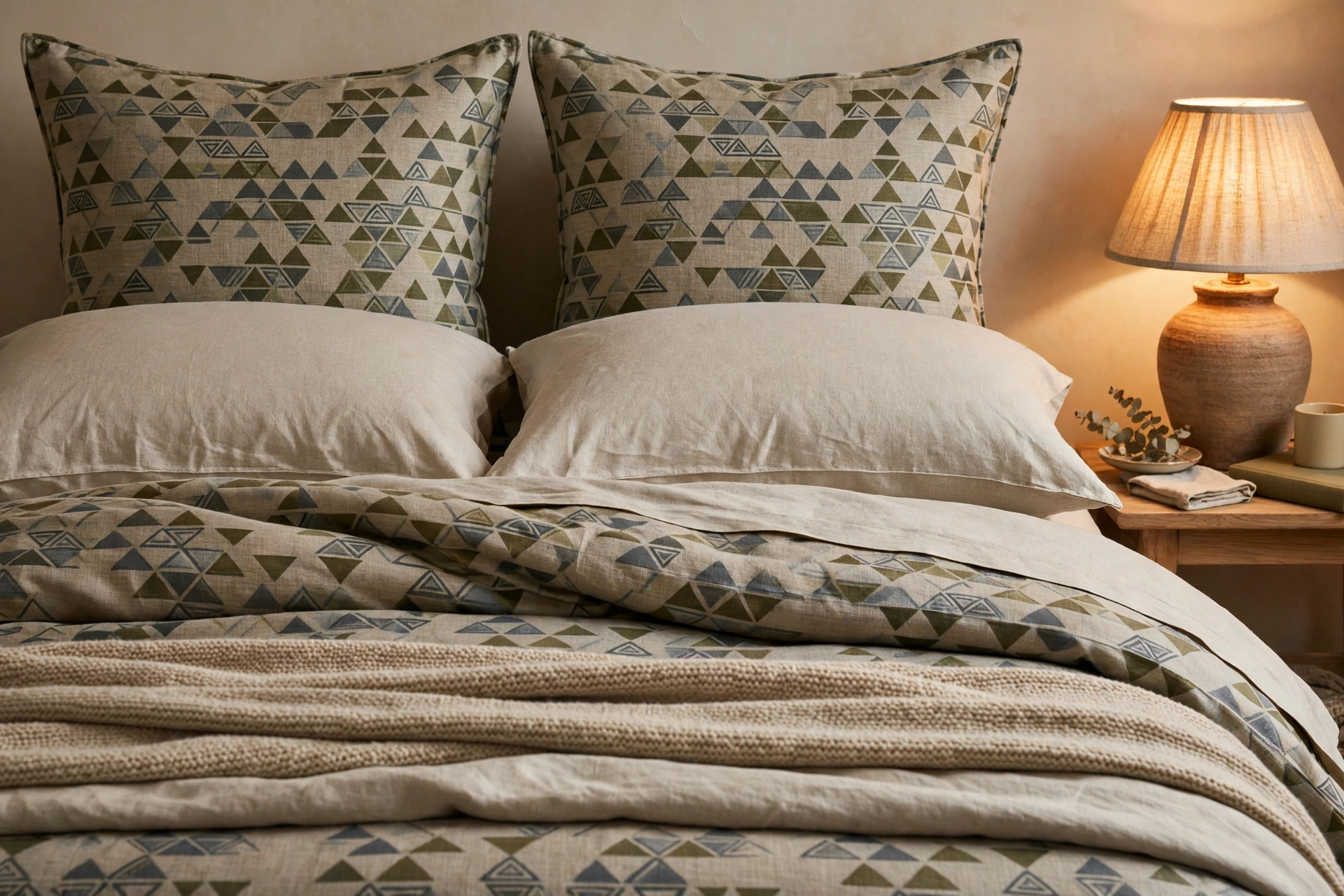 Teen bed with layered mature bedding in olive and slate geometric print with euro shams
