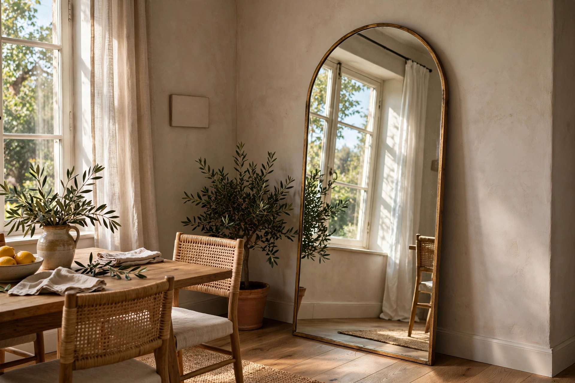 Arched floor-length mirror leaning in a dining room corner reflecting the window