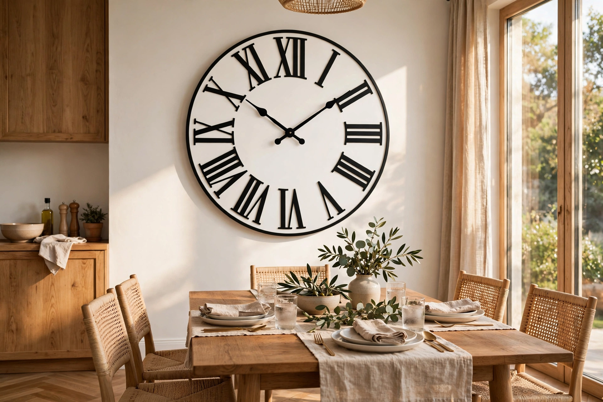 Elegant wall clock with oversized black Roman numerals on a white face