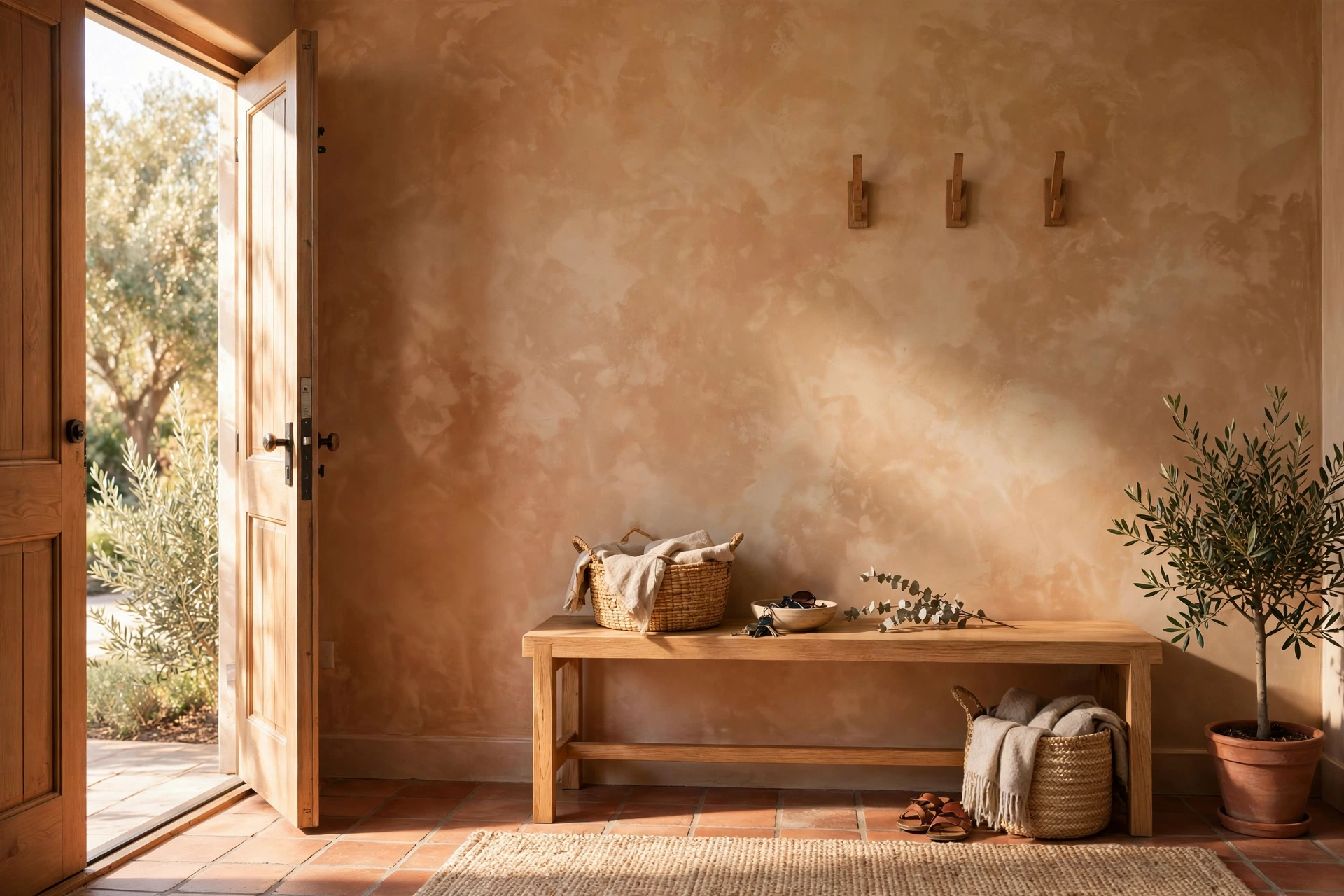 Entryway wall with soft cloudy limewash paint texture in warm clay tone