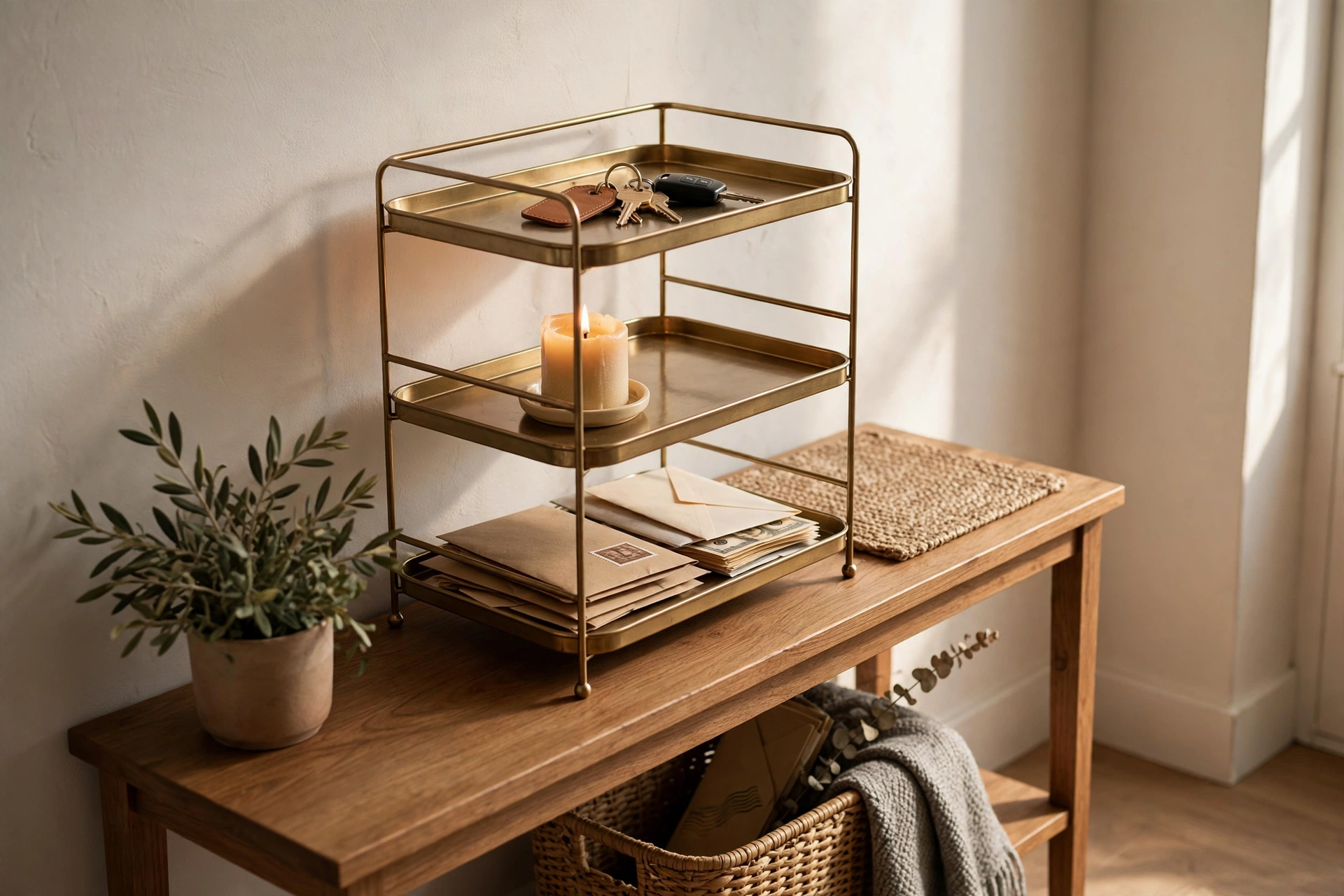 Three-tiered metal tray with keys, candle, and mail on a narrow entryway console