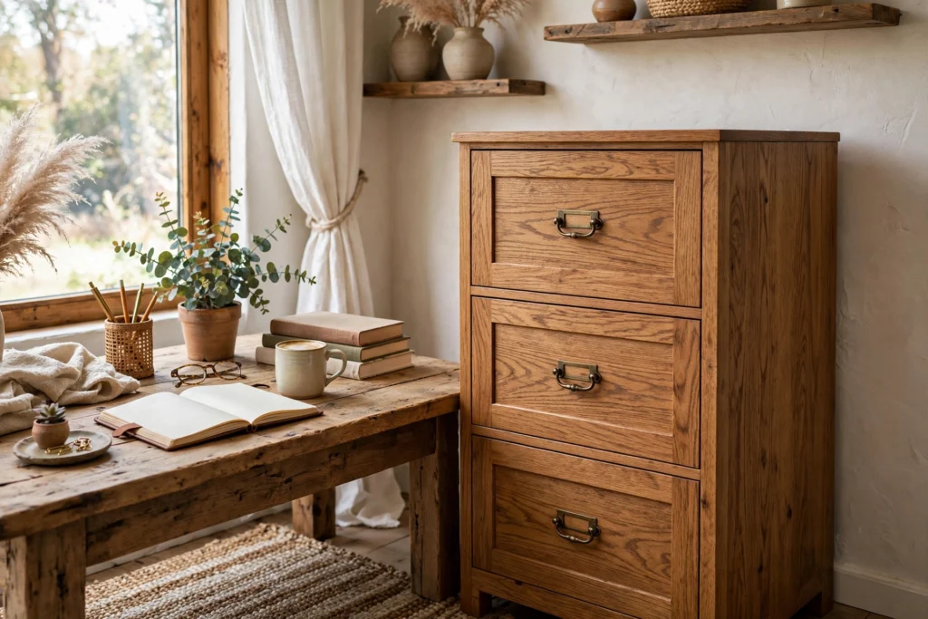 Warm oak wooden filing cabinet matching a rustic home office desk setup