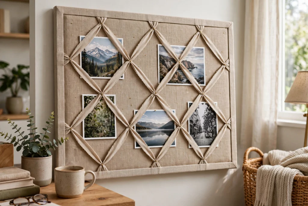 Fabric-covered pinboard with linen upholstery and ribbon lattice holding photos in a cozy office