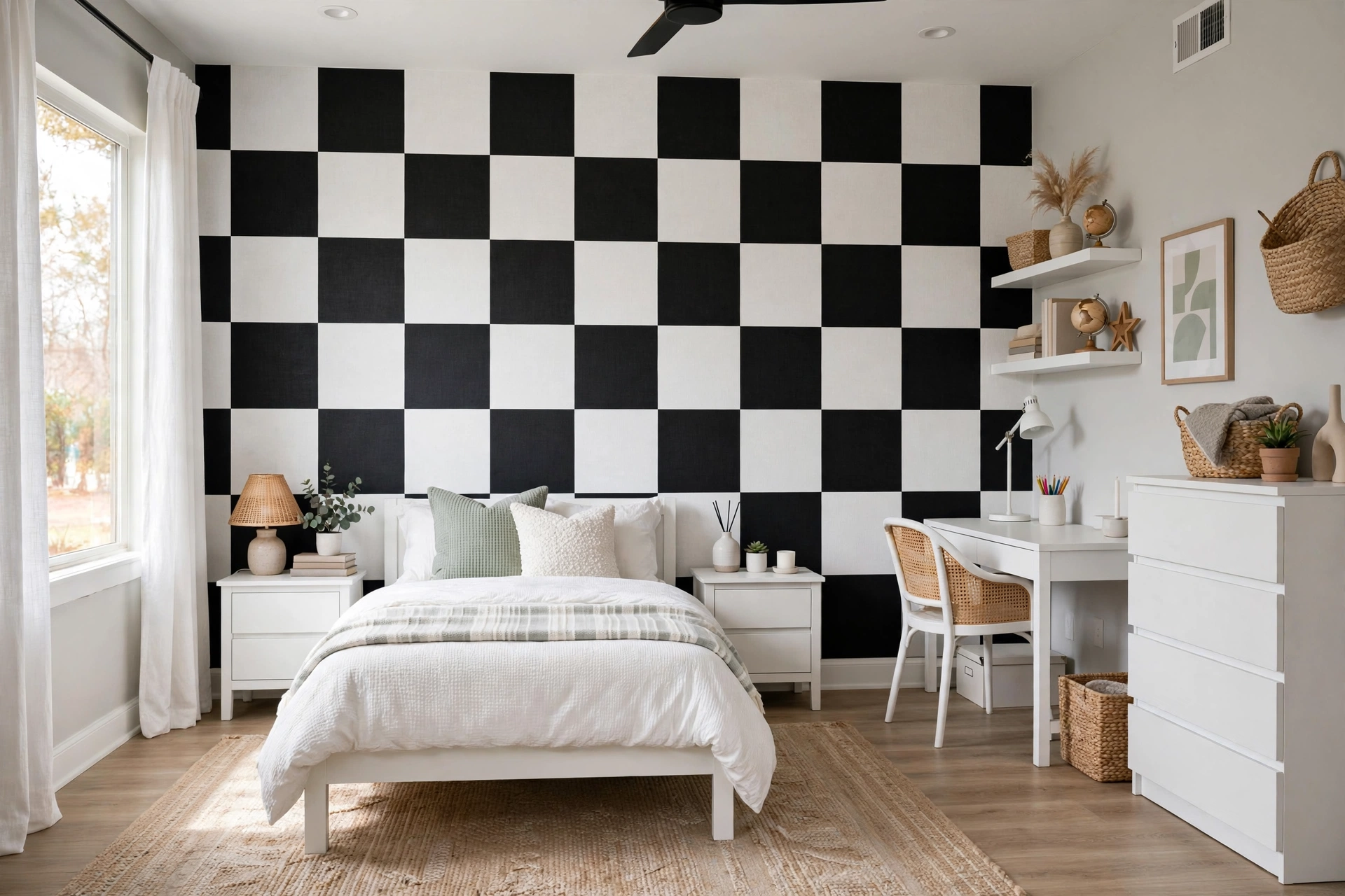 Tween bedroom accent wall with bold checkerboard removable wallpaper and white furniture