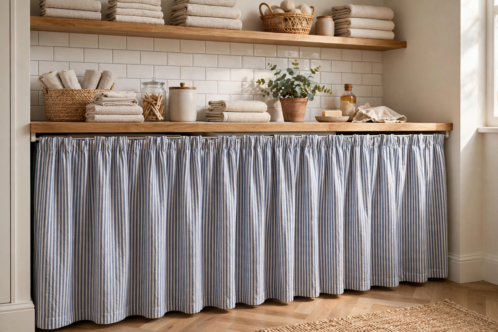 Laundry sink concealed behind a striped cotton sink skirt on a tension rod