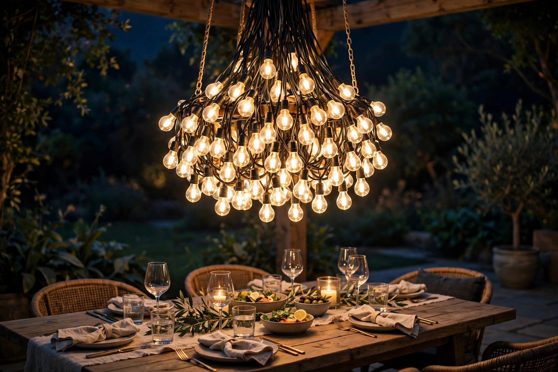 Bundled string lights hanging as a chandelier over an outdoor dining table